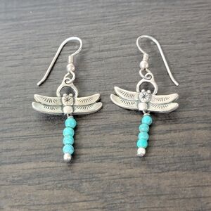 Carolyn Pollack Relios Sterling Turquiose Bead Dragonfly Dangle Earrings .925